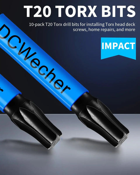 Close-up of 10 Pack 2 Inch T20 Torx Bit Set For Impact Driver Magnetic Star Design Pro Grade S2 Alloy Steel