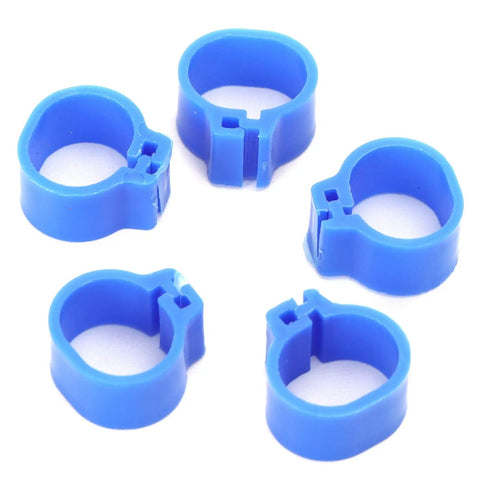 Close-up of blue 200 Pcs 10mm Pigeon Leg Clip Rings for Poultry Foot Identification Easy Install No Fuss Lightweight and Reusable Blue Set
