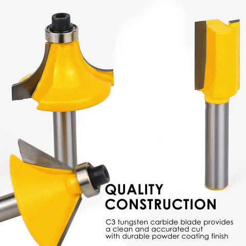Close-up of Pro DIY Woodworking Router Bit Set With Quarter Inch Shank 35 Piece Set, yellow-coated carbide bits on white background