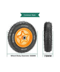 Heavy Duty 14 Inch Pneumatic Tire Wheel Kit With Solid Steel Plate Hub For Carts Dollies And Trailers, side and top views.
