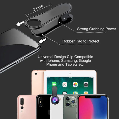Clip-on design of 3 In 1 Phone Camera Lens Kit with 198 Degree Fisheye, 120 Degree Wide Angle and 20x Macro for smartphones.