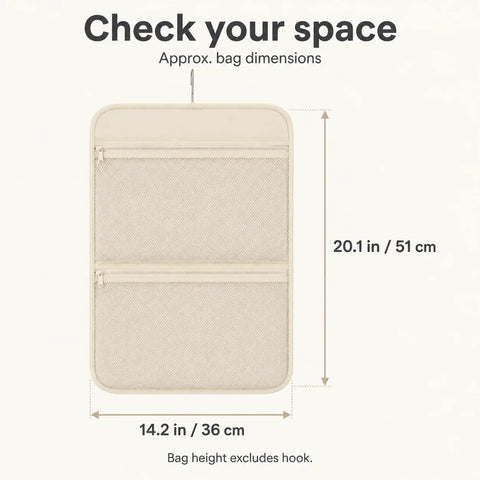 Slick Hanging Closet Sorter With Dual Zippered Mesh Pouches For Hassle Free Underwear And Sock Taming In Smooth Cream Cloth dimensions 14.2x20.1 inches.
