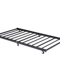 Heavy Duty Twin Trundle Bed Frame Built Tough For Casual Hangouts And Epic Sleepovers Featuring Roll Out Guest Sleeping Platform Base with steel slats on casters.