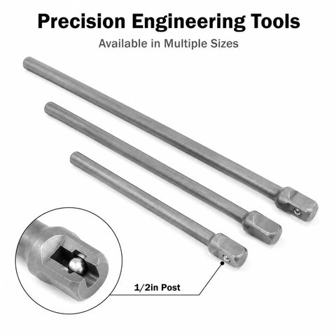 Drive Extension Bar Set For Electric Ratchet Wrench, Six Piece Vanadium Steel Extension Bars With Varied Lengths From 2.6 In To 5.9 In, Rust Resistant And Durable, Heavy Duty Hardware Tool Kit For Diy And Mechanic Projects, shown with three bars and a close-up of attachment point.