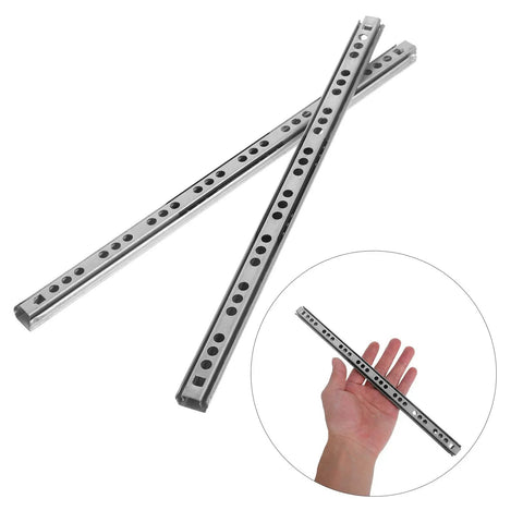 Bottom Mount Drawer Slides With Silent Glide And Ball Bearing, 17mm wide cold rolled steel shown with hand for scale, 2 pack