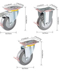 Heavy Duty Furniture Castors Featuring Quiet Gray Rubber Wheels, swivel plate with dual ball bearings and measurements shown.