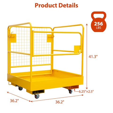 Heavy Duty Forklift Safety Cage Built Tough 36 By 36 Inch Foldable Work Platform 1200 Lb Capacity Carbon Steel Basket With Caster Wheels For Warehouse Maintenance And Factory Jobs OSHA Compliant, yellow safety cage with 36.2 in base