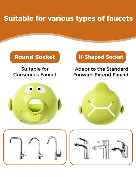 Handy Dandy Silicone Faucet Extender For Toddlers Smooth Sink Reach Helper showing round and H-shaped socket options for faucet types.
