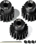 3 Pack Hardened Steel Pinion Gear Set 0.6M For 1/10 RC Cars with visual of 17T, 18T, and 19T pinions and accessories.