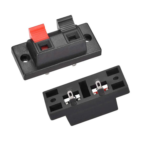 Two Way Spring Speaker Terminal Clip Push Release Connector For Audio Cables, 2 Pins, 2 Positions Strip Block, Red And Black, AWG 24 To 16, Spring Load Binding Post Style Board, 2 Pack