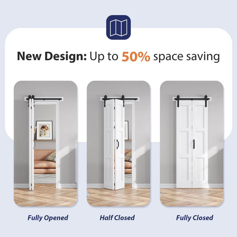White Bifold Barn Door For Closet With Solid MDF Build And Waterproof PVC Surface, Double Panel 30x84 Sliding Bi Fold Door