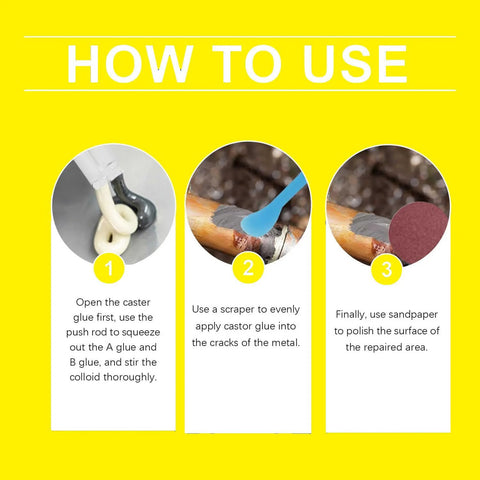 Two-pack metal repair glue; yellow how-to-use infographic showing squeeze, apply with scraper, and sand/polish steps.