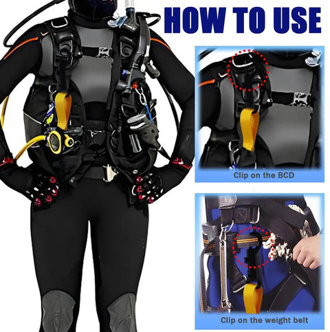 Scuba Diving Lanyard Clips 3 Pack With Durable Nylon Webbing showing use on BCD and weight belt, adjustable cord and swivel snap lock.