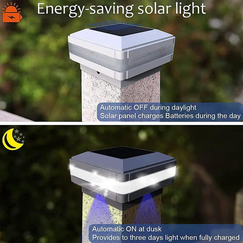 4x4 Solar Post Cap Light No Hassle Easy Install With 52 LEDs on post, showing day and night light modes, white shell.
