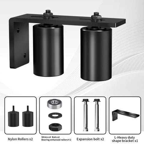 Heavy Duty Sliding Gate Roller Kit With 3 Inch Adjustable L Shaped Rear Post Bracket Universal Fit For Sliding Gates And Rolling Doors Beefy Steel Roller System shown with components.