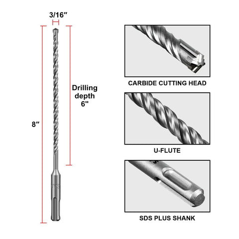 SDS Plus Rotary Hammer Drill Bit Set, Ten Piece Three Sixteenth By Eight Inch Masonry Bits With Carbide Tips and Cross Type Double Thread