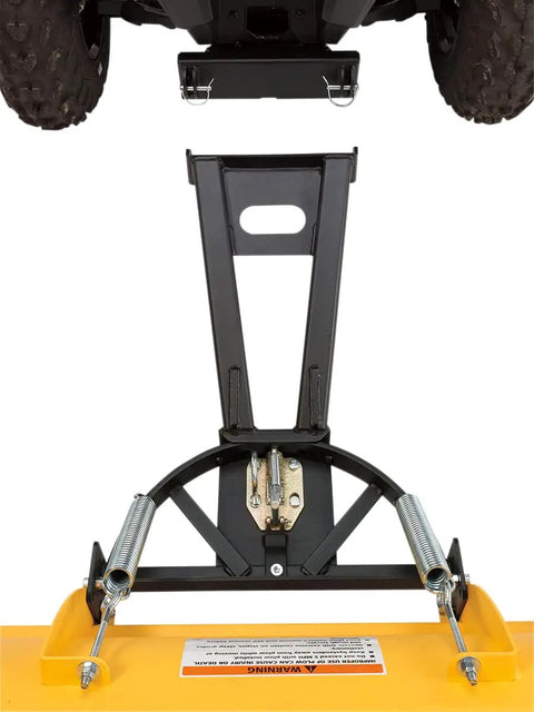 Close-up of a mechanical attachment under an ATV, showing structural design and springs