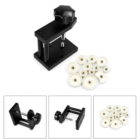 Heavy Duty Watch Back Cover Press Machine Including 12 Precision Plates with black metal frame and white adapter plates.
