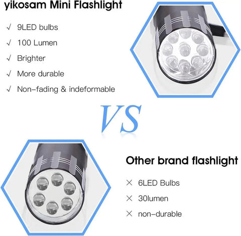 Comparison of yikosam Mini Flashlight with 9 LED bulbs vs. other brand with 6 LED bulbs. Highlight on brightness and durability.