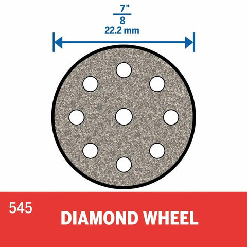 Diagram of diamond cut off wheel with 7/8 inch diameter for rotary tools, showing 22.2mm size and perforation pattern.