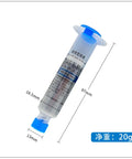 Easy To Use Desoldering Wick And No Clean Flux Paste Kit For Electronics Repair in 20g syringe with dimensions shown