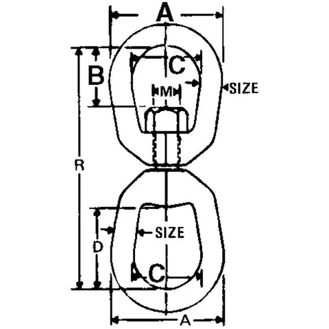 Diagram showing dimensions and specifications of Heavy Duty Swivel Eye Bolt Sporting Hot Dipped Galvanized Finish 3/8 Inch Forged C1045 Steel