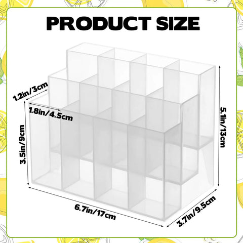 Three Tier Drink Packet Organizer Rack With Twelve Compartments product dimensions shown on transparent holder.