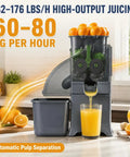 Heavy Duty Commercial Automatic Citrus Juicer Machine High Output Electric Orange Lemon Squeezer Extractor With Auto Pulp Separation showing juice extraction and oranges.