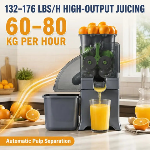 Heavy Duty Commercial Automatic Citrus Juicer Machine High Output Electric Orange Lemon Squeezer Extractor With Auto Pulp Separation showing juice extraction and oranges.