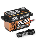 Beefy 34Kg Low Profile RC Servo Motor With 16.8V Direct Power Waterproof Programmable Brushless Smart Servo For 1/10 And 1/8 Scale RC Cars And Trucks SA53BULW 2026 Special Edition close-up view showing orange body and wires.