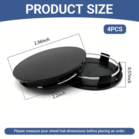 4 Pack Car Wheel Hub Center Cap Set 60mm Outer Diameter showing 2.36 inch and 2.2 inch size details in black ABS material.