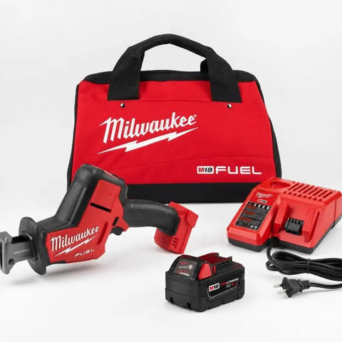 M18 Fuel One Handed Reciprocating Saw Kit includes compact saw, battery, charger, and bag for home renovation tasks.