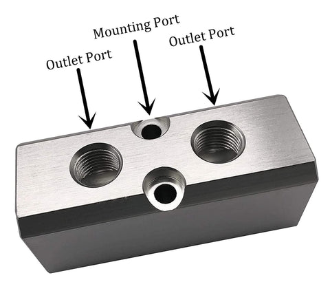 Two Way Pneumatic Manifold Air Distribution Block With G1/2 Inlet Ports And G1/4 Outlet Ports Aluminum Alloy featuring three visible ports