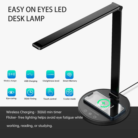 LED Desk Lamp With Wireless Charger And USB Port, 5 Color Modes And 5 Brightness Levels, Easy Touch Dimmer, Eye Caring, Black