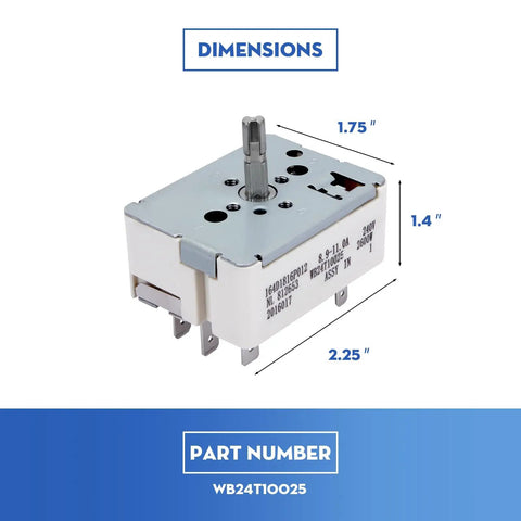 8 Inch Electric Range Burner Infinite Control Switch Replacement with dimensions for easy installation, part WB24T10025.