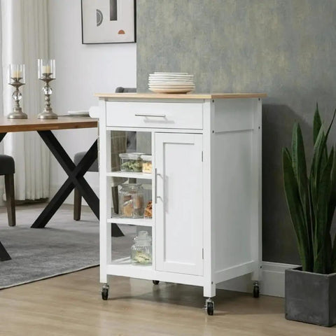 Gonna Love This Smooth Rollin Kitchen Island Cart Featuring Hella Roomy Storage Adjustable Shelves Hidden Cabinet Towel Holder And Brake Casters For Bedrooms Or Living Areas, white MDF cart with storage and adjustable shelves.