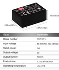 Straight Up Rock Solid 5V AC DC Power Supply 2W Single Output PCB Mount dimensions and specifications overview.