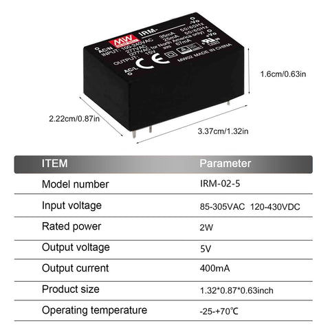 Straight Up Rock Solid 5V AC DC Power Supply 2W Single Output PCB Mount dimensions and specifications overview.