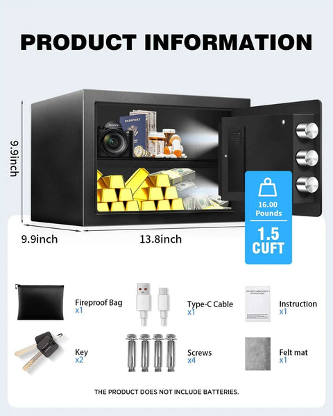 Steel Home Safe 1.5 Cu Ft With Fireproof Bag And Digital Electronic Keypad Security Safe Box For Valuables Documents Money Jewelry Sensor Light Removable Shelf Heavy Duty Safety Lock Box, shown open with contents and accessories.