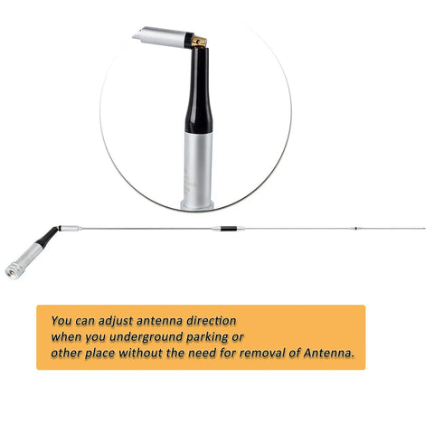 Dual Band Ham Radio Antenna For Cars And Trucks, 144 And 430 MHz VHF And UHF Mobile Antenna, showing adjustable direction feature