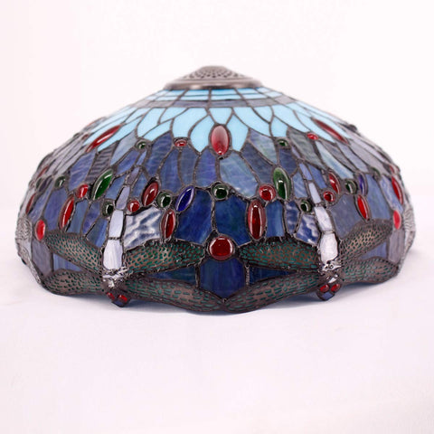 Sea Blue Dragonfly Style Stained Glass Lamp Shade Replacement 16x8 Inch with cap, detailed dragonfly motif and vibrant colors