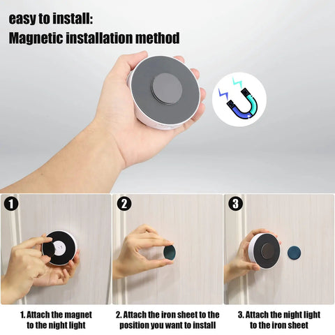 3 Pack Motion Sensor LED Night Lights With USB Rechargeable Battery, 8 LEDs, Magnetic Patch installation process shown