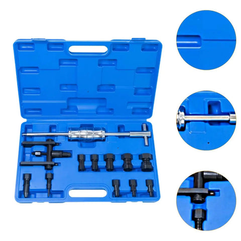 Bad Ass Inner Bearing Puller Kit With Sliding Hammer Made To Rip Old Gunk Out Efficiently Using Swappable Chucks 8mm To 25mm For Any Shaft While Rock Solid Build Quality Gets The Job Done Fast Keeping Mechanics Happy, blue case and steel chucks