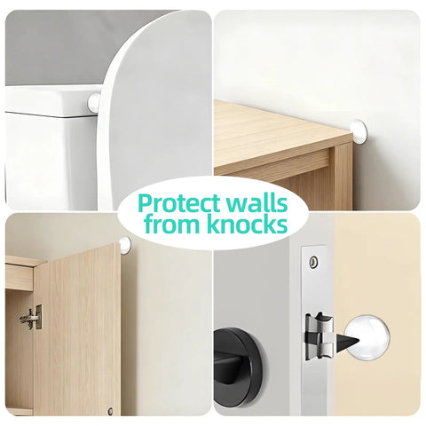 Self Adhesive Door Bumpers Pack Of 12 Round 40 By 8 Mm Protectors for doors and walls, shown preventing knocks on surfaces.