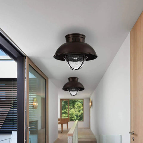 Outdoor Farmhouse Ceiling Light 10 Inch Flush Mount In Oil Rubbed Bronze With Metal Cage And Seeded Glass Semi Entry Hall Light Fixture