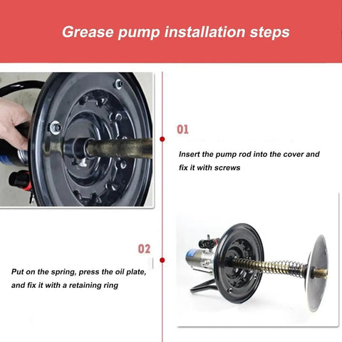 60 to 1 Air Operated Pro Grade Grease Pump assembly steps with metal rod and cover, fits 25 to 50 lb containers.