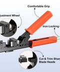 Close-up of 90 Degree Angled Speed Termination Keystone Tool showing adjustment wheel, iron locking clip, and sharp blade heads.