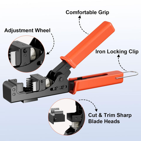 Close-up of 90 Degree Angled Speed Termination Keystone Tool showing adjustment wheel, iron locking clip, and sharp blade heads.