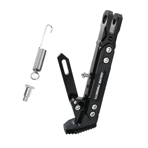 Beefed Up Universal Motorcycle Kickstand Upgrade With Adjustable CNC Aluminum Alloy Tripod Holder Side Foot Stand For Dirt Bikes Motocross Pit Bikes Scooters And Electric Bikes Red And Black showing spring and screw
