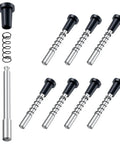 Bulletproof Window Screen Plunger Latches With Black Locking Caps Keeps Screens Locked Tight Beats Flimsy Plastic Pins Rock Solid DIY Upgrade Easy Eight Pack Replacement, includes 8 aluminum pins and nylon caps.